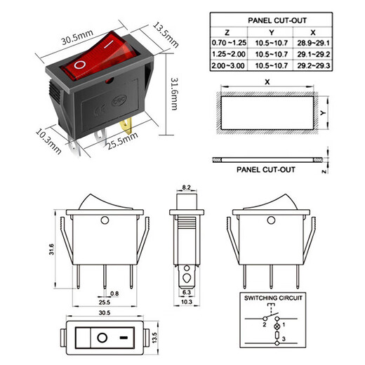 Huijun KCD3 ship type switch with light electrical appliance rice cooker power button switch electric pot special switch accessories button 3 feet 2 gears 16A red open with light 10 pcs