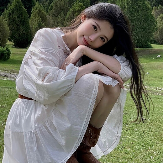 槿城法式白色长袖连衣裙子女早春2025新款小个子西北新疆旅游度假短裙 白色 S547W XL 【60/65kg】