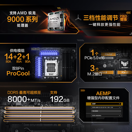 华硕AMD9000系列锐龙R7 9700X 9800X3D 9950X搭华硕B650 X670 X870主板CPU套装 板U套装 华硕TUF B850M-PLUS重炮手WIFI R9 9900X盒装
