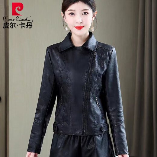 皮尔卡丹春秋款机车皮衣外套女妈m妈皮衣薄款显瘦休闲皮夹克皮衣女 黑色 L 90-105斤