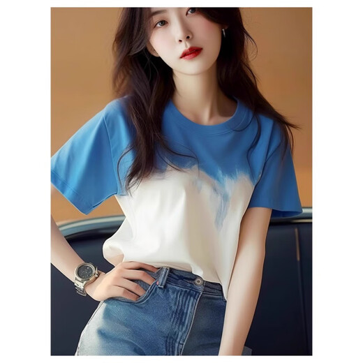 Wanmanduo 2025 Summer NUEVA Camiseta de manga corta azul y blanco Tie-dye para las tops únicas de las mujeres se ve delgada y moderna y de la edad.