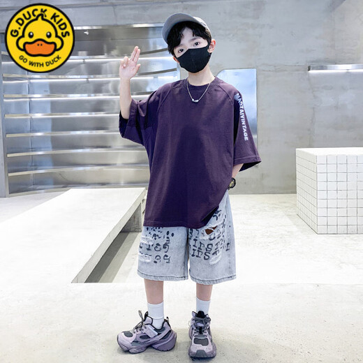 G.DUCK KIDS小黄鸭男童套装夏季2025新款韩范儿童夏装衣服潮男孩短袖两件套 深灰色jd5012字母夏套装 140