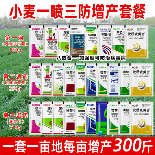 One-spray three-prevention high-yield package for wheat to increase yield, foliar fertilizer, aphid rust, scab, powdery mildew special pesticide, bagged, 8 packets of medicine for the first pass (150g)