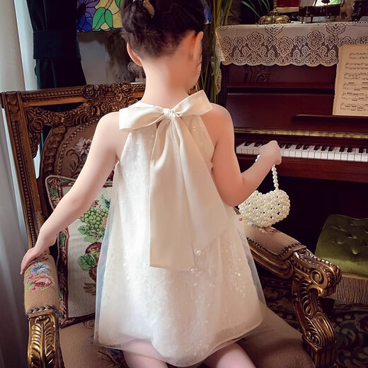 安妮优儿女童连衣裙夏季洋气儿童网纱吊带裙女孩网红挂脖公主裙 白色 110