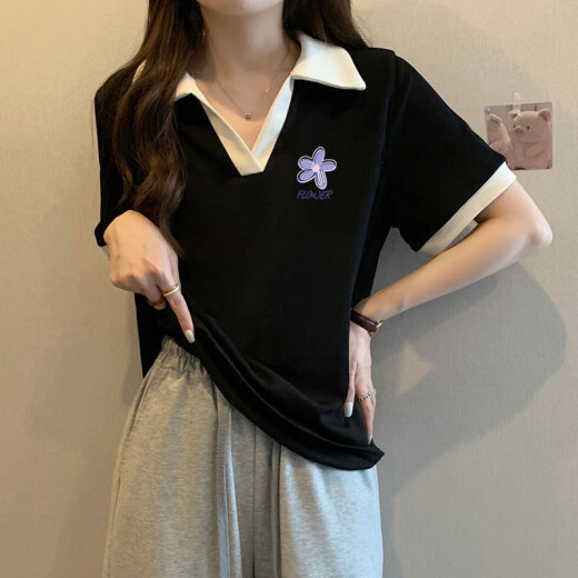 贝吉棋夏季200-300斤超胖m大码女装短袖t恤女宽松显瘦撞色polo衫上衣服 1105#CAC太阳-白色 2XL 【165一205斤】