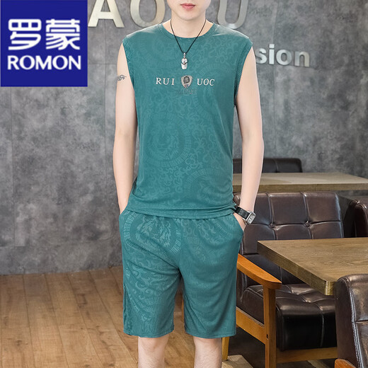 罗蒙（ROMON）夏季薄款运动休闲套装短裤睡衣男纯色压花五分裤冰丝短袖t恤一套 863白色套装 【短袖】 XL 120-135斤