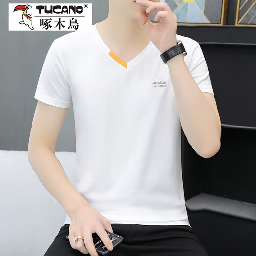啄木鸟（TUCANO）夏季新款男士棉质V领半袖T恤潮流休闲小字母印花鸡心领短袖体恤衫 691 深灰色 L 100-120斤