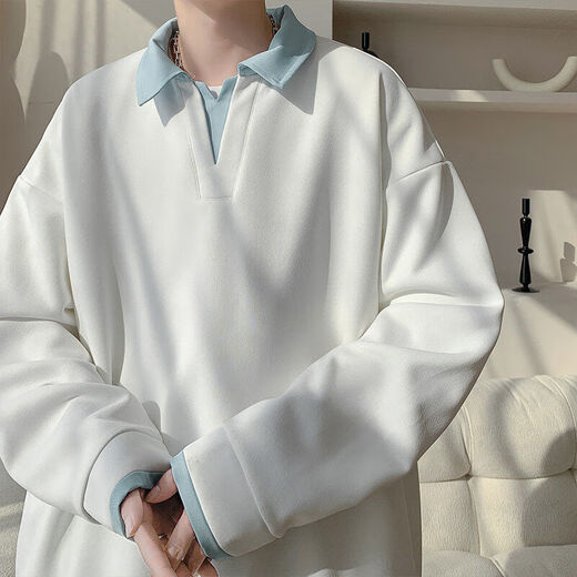 Four fake two-piece Henry collar sweatshirt for men, spring and autumn high-end shirt-style jacket, loose and handsome polo collar pullover top, black M, one size fits all