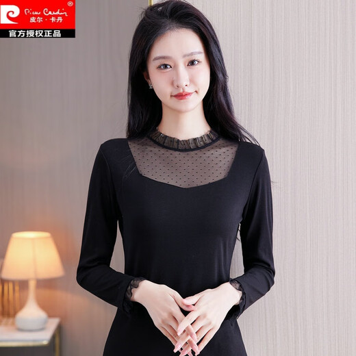 皮尔卡丹2025春秋新款黑色莫代尔打底衫女内搭时髦洋气小衫t恤蕾丝上衣潮 7027黑 波点多边形领长袖 均码 (90斤-135斤)