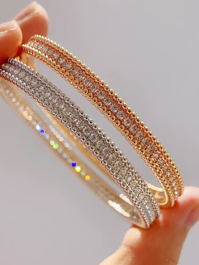 Pop v gold plated 18k gold round bead edge full diamond bracelet European and American ins niche design light luxury bead bracelet simple black nail bracelet size 16