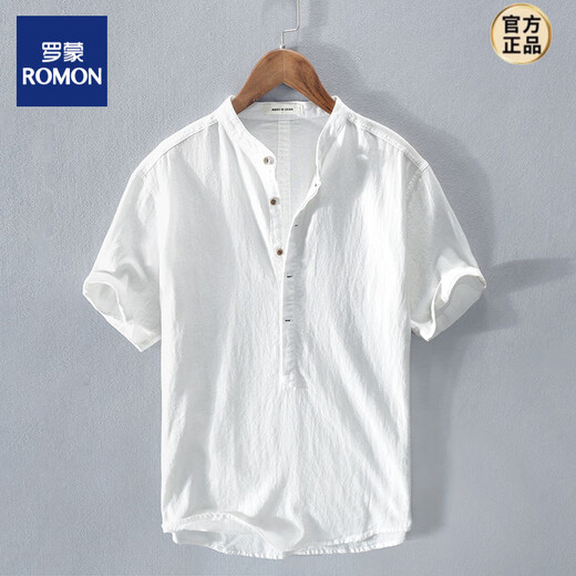 ROMON Henry collar linen short-sleeved shirt men's collarless men's cotton and linen shirt t-shirt top polo shirt summer Chinese style light blue 2XL suitable for 145-160Jin Jin equals 0.5 kg left
