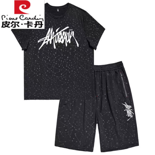 皮尔卡丹（pierre cardin）肥佬冰丝短袖t恤男加肥加大空调衫夏季宽松运动薄款凉感大码男装 黑色829套装 5XL 220-240斤