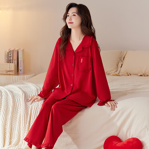 Han Cai Pajamas Women's High-End Pure Cotton Year of the Horse Zodiac Year Women's Wedding New Year Red Couple Pajamas Set Rose Red XXL