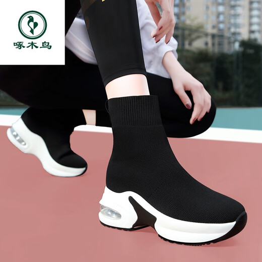 Holzspecker Innere Height-verstärkte Sockenschuhe für Frauen im Frühling und Herbst vielseitig 2025 Neues kleines, vielseitiges, dicker Soft-Sohle-High-Top-Sneaker 9759-1 Schwarz/Fleece-Stil 33