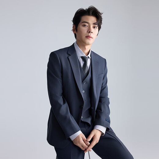 LiLang Youth Business Men's Double Stretch Suit Suit Men's Solid Color Stretch Easy Care Three-piece Suit Dark Blue (A5QXF101SA) 175A