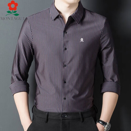 Mengtejiao MONTAGUT men's mulberry silk long-sleeved shirt autumn middle-aged daddy casual striped lapel shirt men dark green 9928 L (170) Suitable for 115-125 Jin [Jin equals 0.5 kg]