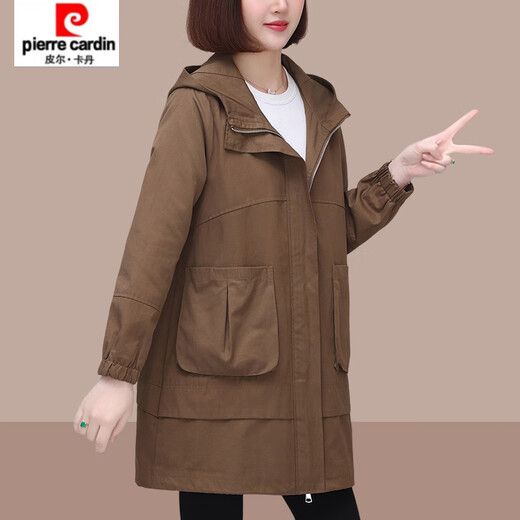皮尔卡丹2025春秋新款女士风衣外套中长款小个子洋气大码女装中年妈妈 红色 XL (建议115斤-130斤)