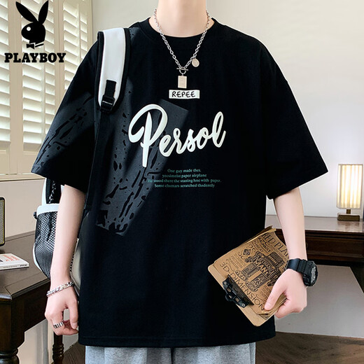 Camiseta de manga corta Playboy para hombres en verano impresión de letras sueltas en la camiseta de media manga de la sola manga americana de hombres de moda