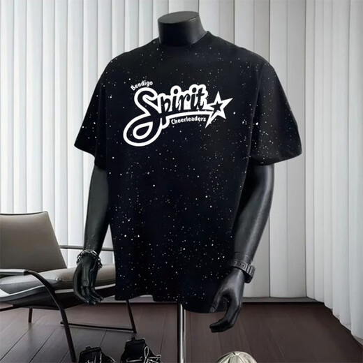Jinrenchu 2025 Été Nouveau American Star T-shirt lourd à manches courtes Ins Ins Round Round Col Top polyvalent M7 Black à manches courtes 733 S