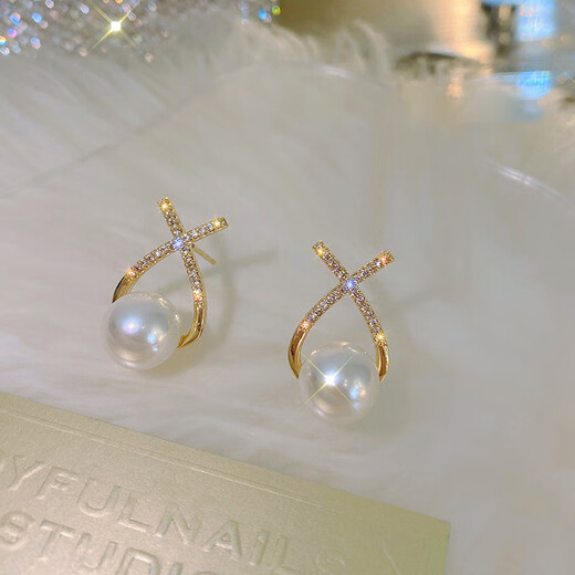 Jiuvia Pearl Earrings for Women 2025 New High-end Pearl Earrings Feminine Earrings Niche Light Luxury Earrings Gift Cross Pearl Earrings 925 Silver Needle