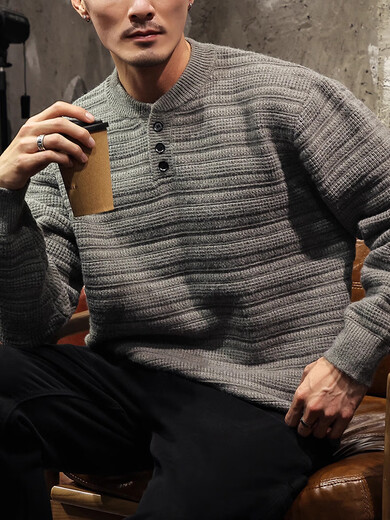 Oyati Henry collar button-up sweater for men in autumn and winter 2024 new inner layering shirt jacket winter loose woolen clothes gray green M M100-130Jin Jin is equal to 0.5 kg