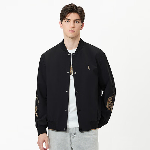 Dances with Wolves Tiger Logo Embroidery Men's Baseball Collar Jacket Easy Care and Versatile Jacket 001 Black L(175)