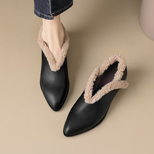 Asamachi winter 4.5cm top layer sheepskin fur boots warm lambswool pointed toe thick heel short boots women's fashion ankle boots black 35