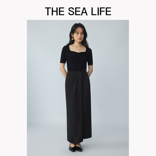 THE SEA LIFE半裙女欧海一生 冰丝半身裙2025春开衩松紧腰黑色长裙XC15265 黑法师 L