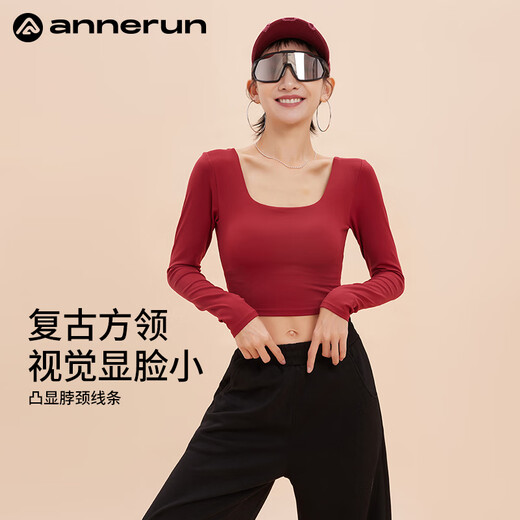 ANNERUN Square Neck Fitness Yoga Wear Long Sleeve Padded Training Wear Pilates Sports Top Women's Spring and Autumn Bottoming Shirt Trendy Ankora Red S