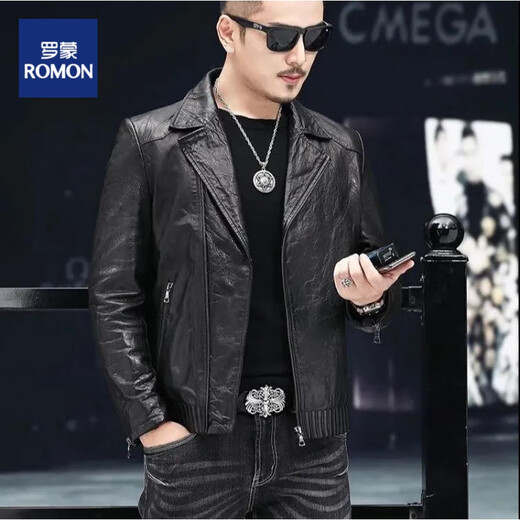 ROMON genuine leather leather jacket for men spring and autumn style Haining sheepskin slim motorcycle suit collar leather jacket casual jacket men black-single leather 2XL size 180-140-155Jin [Jin equals 0.5 kg]