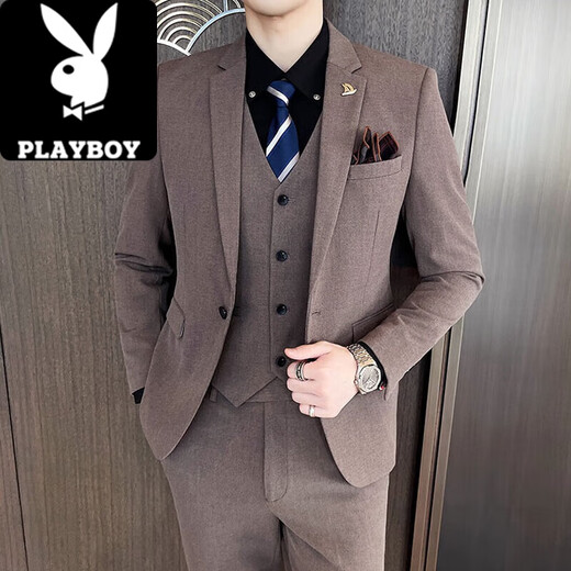 Playboy (PLAYBOY) men's suit suit Korean version slim fit groom wedding formal dress casual British iron-free suit jacket 1818 light gray suit + pants + vest XL recommended 120-135 Jin Jin equals 0.5 kg