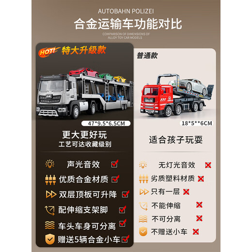 Shantou Lincun oversized alloy car transport vehicle double-decker truck engineering vehicle toy boy children Mid-Autumn Festival and National Day gift silver extra-long double-decker transport vehicle + 5 cars