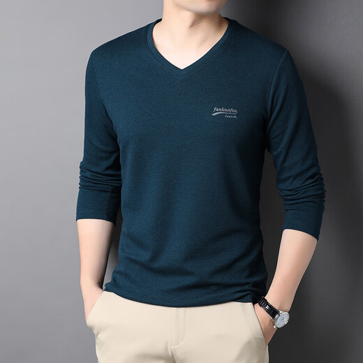 Woodpecker T-shirt for men middle-aged autumn V-neck men long-sleeved T-shirt for men chicken heart collar spring cotton solid color autumn men's top base R9863 black gray M 165100-120Jin [Jin equals 0.5 kg]