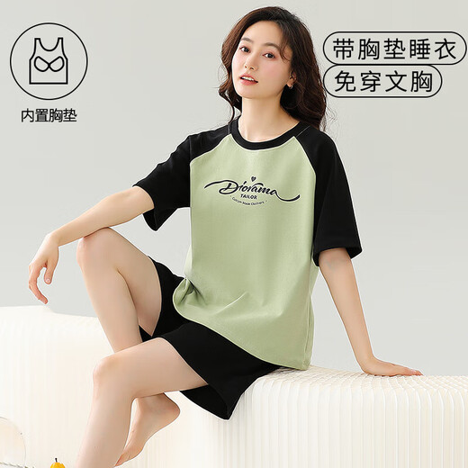 都市丽人带胸垫一体纯棉睡衣女夏款短袖短裤韩版甜美加大码夏天家居服套装 带胸垫短袖套装-G1047 M 女【建议80-100斤】
