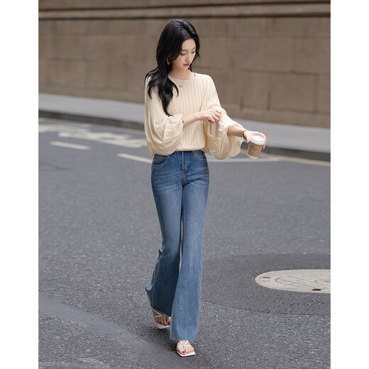 Demana Gentle Everyday Spring Cream Grainy Beaded Chiffon Shirt Lantern Sleeve Lady's Shirt Women's Top