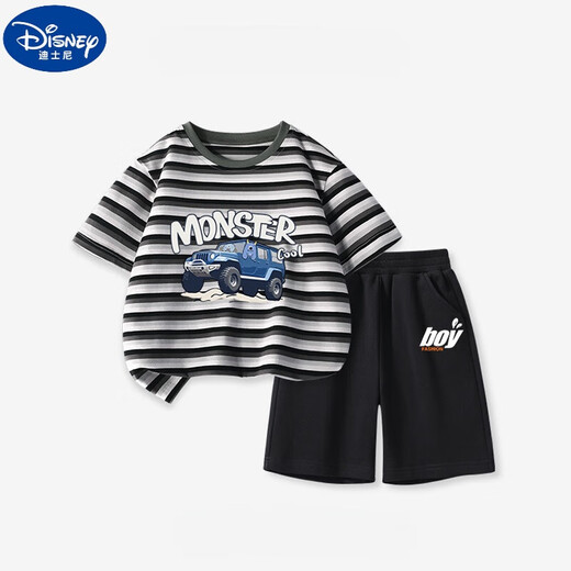 Disney Boys Anzug Sommer Neue Kinder Baumwoll-T-Shirt-Shorts Anzug Big Children's Striped Kurzärmelte-Sporthosen Zweiteiler DDB13688 GRAY + N11762K Schwarz 140 cm Höhe 130-140 cm Alter 8-9 Jahre alt