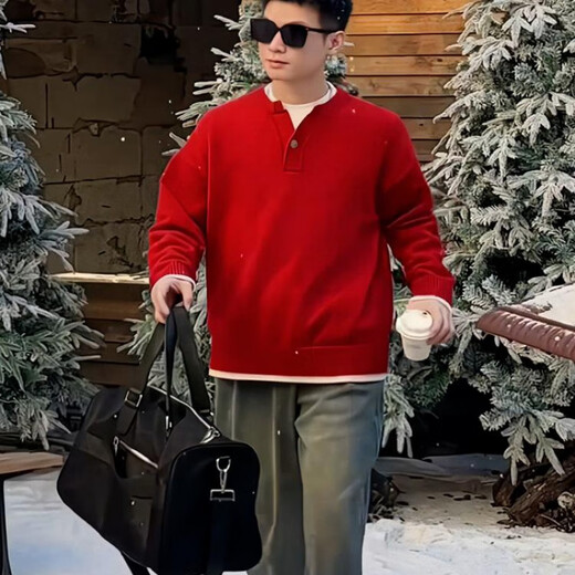 Siyou Zodiac Year Sweater Men's Autumn and Winter Design Lazy Henley Collar Sweater Men's Red Christmas Bottoming Shirt Red Fake Two-Piece Sweater XL (125-140Jin Jin is equal to 0.5kg)