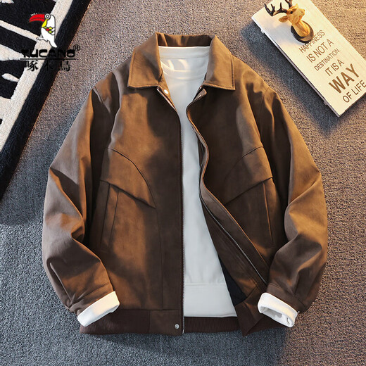 Woodpecker's new Maillard style American retro leather jacket for men 2025 new handsome loose pu lapel jacket coffee color XL