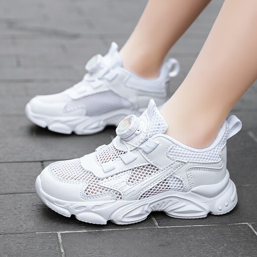 Linbuxan Boys Weiße Single Mesh Schuhe Sommer 2025 neues hohles Mesh atmungsaktiven Zyklonknopf Teen Sport Weiße Schuhe 736 Schwarz [Frühjahr und Herbst -Doppel -Netz] 31 innere Länge 19,8 cm