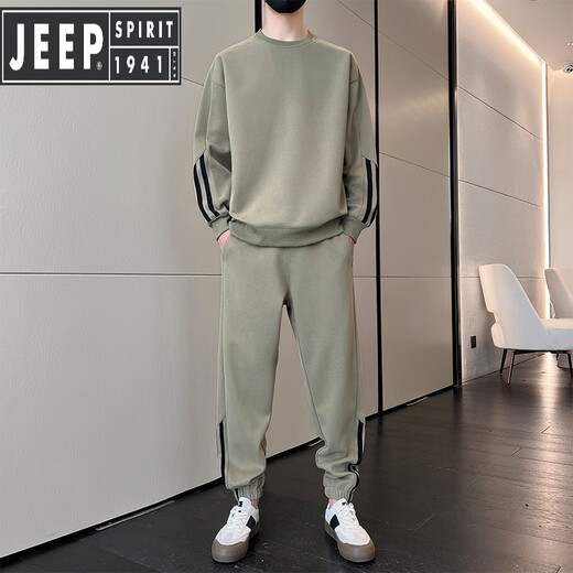 JEEP SPIRIT男士休闲运动服套装2025新款春秋季圆领长袖卫衣男装春秋帅气一套 9230黑色 2XL