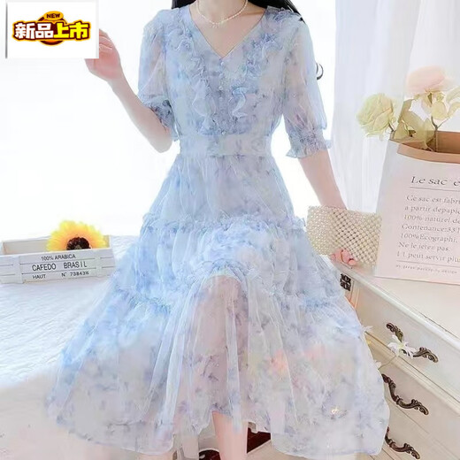 First-Pad French Tea Break V-Ausschnitt Schönes Blumenchiffon-Kleid für Frauen Sommer 2025 Neue Temperament Taille-Hugging Fairy Long Rock Green 736# [Versionskleid] XL [Empfohlen 120-135jin [Jin gleich 0,5 kg]]]