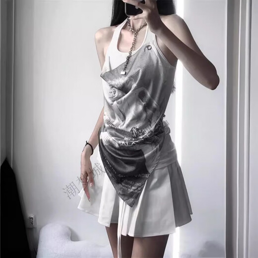 潮梦城美式复古性感辣妹假两件无袖恤女夏季新款紧身外穿古着印花上衣 XZ#9227 白色 L