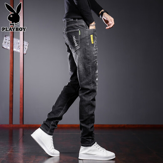 Playboy (PLAYBOY) jeans men's elastic slim fit small-foot trousers 2025 spring and autumn new youth casual ripped pants men's trousers 6636 black 31 121-130Jin Jin equals 0.5 kg