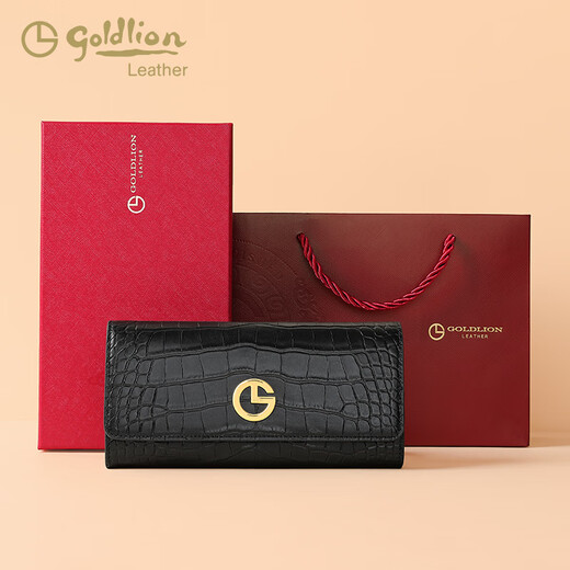 金利来（Goldlion）25新款手拿包时尚鳄鱼纹钱包长款女手包简约钱夹钱包 黑色