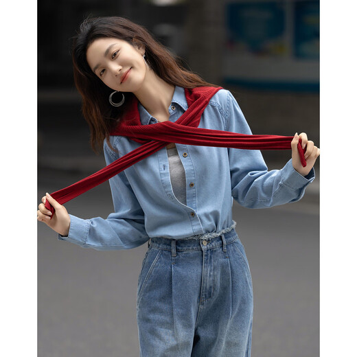 Demana intelligent denim spring simple lapel patchwork shirt comfortable hidden meat fashionable denim shirt women's top