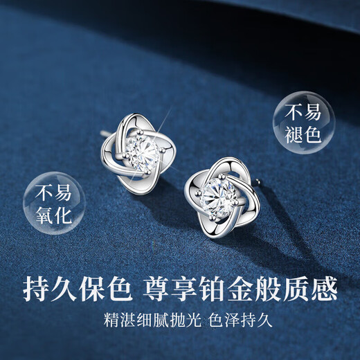 Zhen Shang Yin China Gold Authorized Four-leaf Clover Pure Silver Earrings Women's Earrings Birthday Gift for Girlfriends, Wife Girls