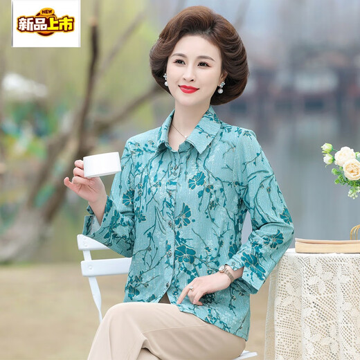 初径2025中老年妈妈印花衬衫上衣女新款老太太春夏装衬衣老人衣服长袖 687有颜色1 XL 建议80-100斤