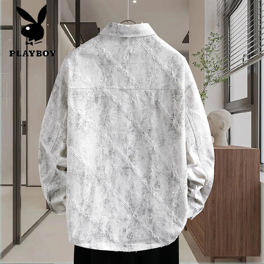 花花公子（PLAYBOY）牛仔外套男生春秋季新款青少年衬衫夹克初高中学生男装潮流士上衣 16823白色 2XL (130-145斤左右)