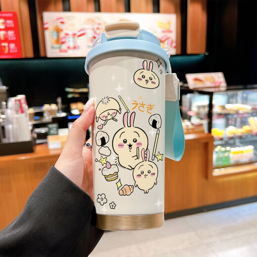 
Libete Usaqi thermos cup for students with straw large capacity car water cup coffee portable double drink cup high appearance - with lanyard green and white - painted 520ml BXAB6263 Usaqi