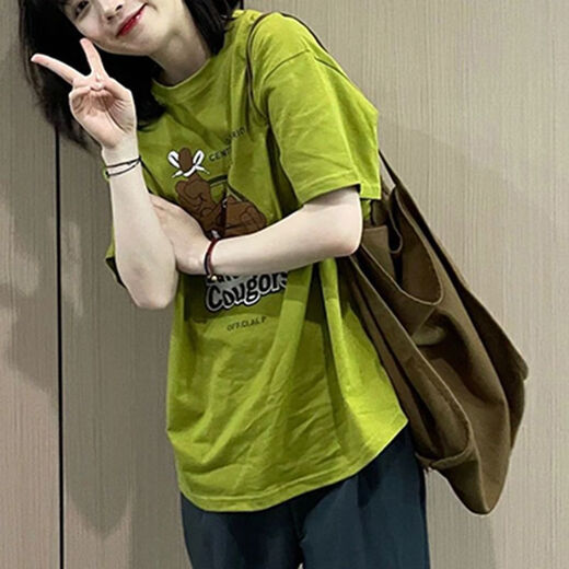 艾妃琳【679人收藏】牛油果绿纯棉显白短袖t恤女2025夏装新款宽松慵懒风 YM8464牛油果绿 (纯棉) S 105斤以下